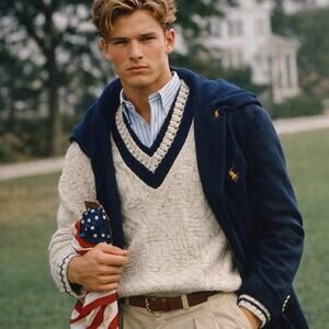 VTG Chaps Ralph Lauren V Neck Varsity Preppy Chunky Sweater Made In USA XL